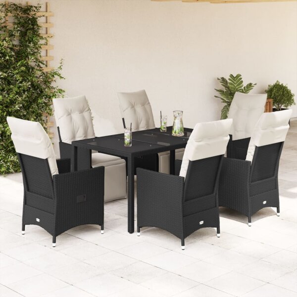 vidaXL 7-tlg. Garten-Essgruppe mit Kissen Schwarz Poly Rattan