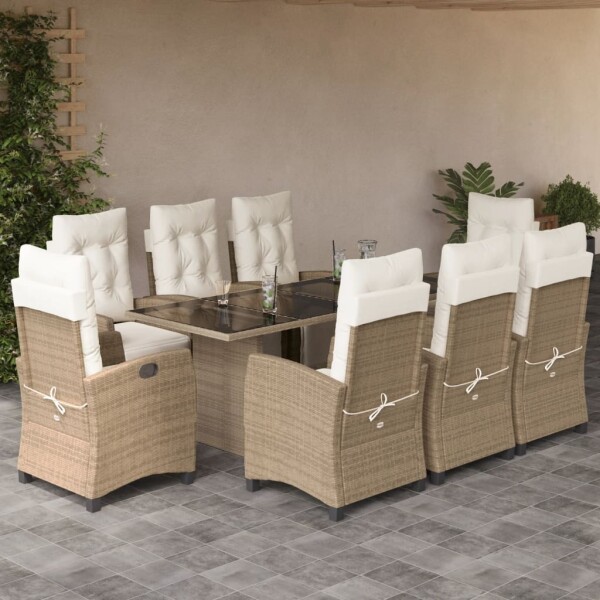 vidaXL 9-tlg. Garten-Essgruppe mit Kissen Beige Poly Rattan