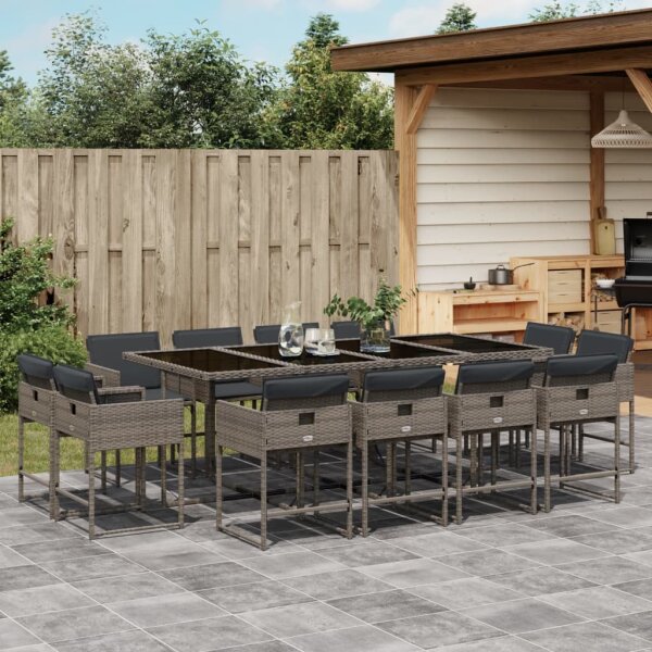 vidaXL 13-tlg. Garten-Essgruppe mit Kissen Grau Poly Rattan