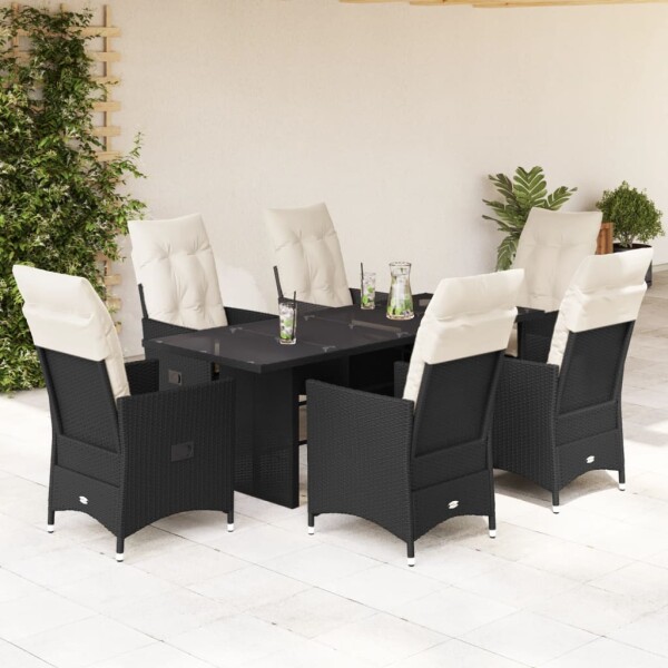 vidaXL 7-tlg. Garten-Essgruppe mit Kissen Schwarz Poly Rattan