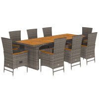 vidaXL 9-tlg. Garten-Essgruppe mit Kissen Grau Poly Rattan