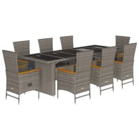 vidaXL 9-tlg. Garten-Essgruppe mit Kissen Grau Poly Rattan