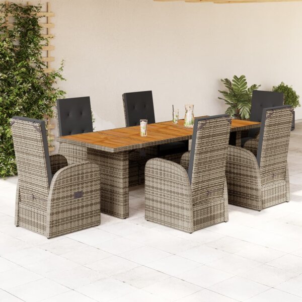 vidaXL 7-tlg. Garten-Essgruppe mit Kissen Grau Poly Rattan