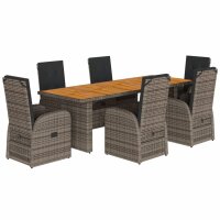 vidaXL 7-tlg. Garten-Essgruppe mit Kissen Grau Poly Rattan