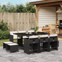 vidaXL 11-tlg. Garten-Essgruppe mit Kissen Schwarz Poly...