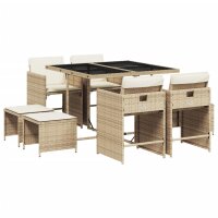 vidaXL 9-tlg. Garten-Essgruppe mit Kissen Beige Poly Rattan