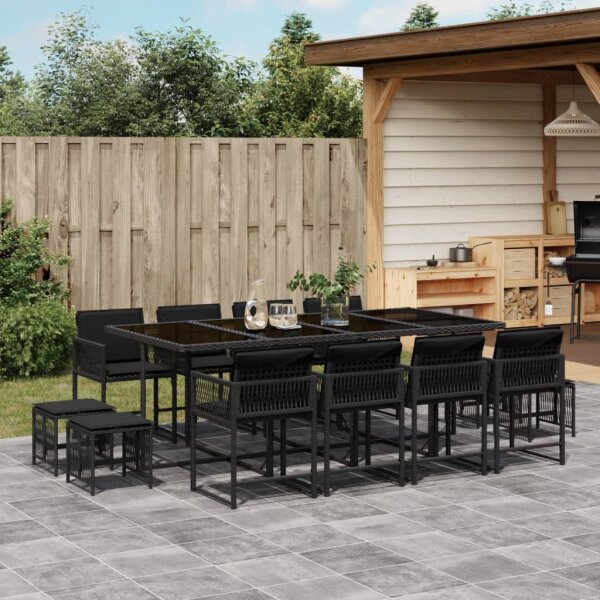 vidaXL 13-tlg. Garten-Essgruppe mit Kissen Schwarz Poly Rattan