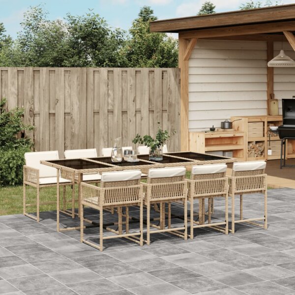 vidaXL 9-tlg. Garten-Essgruppe mit Kissen Beige Poly Rattan