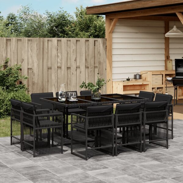 vidaXL 11-tlg. Garten-Essgruppe mit Kissen Schwarz Poly Rattan