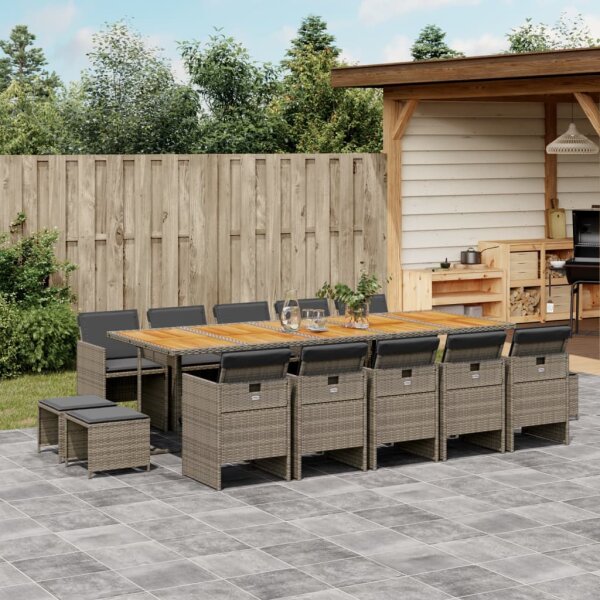 vidaXL 15-tlg. Garten-Essgruppe mit Kissen Grau Poly Rattan