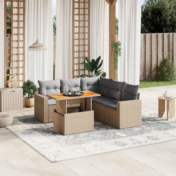 vidaXL 6-tlg. Garten-Sofagarnitur mit Kissen Beige Poly Rattan