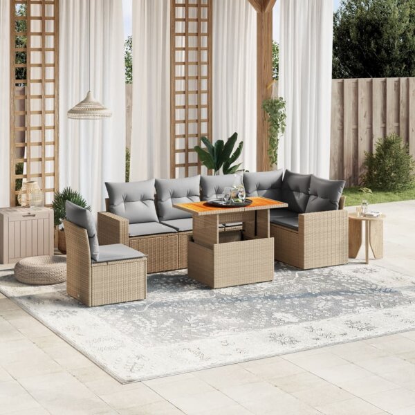 vidaXL 7-tlg. Garten-Sofagarnitur mit Kissen Beige Poly Rattan