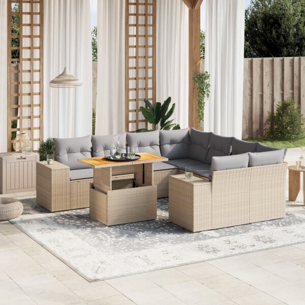 vidaXL 9-tlg. Garten-Sofagarnitur mit Kissen Beige Poly Rattan