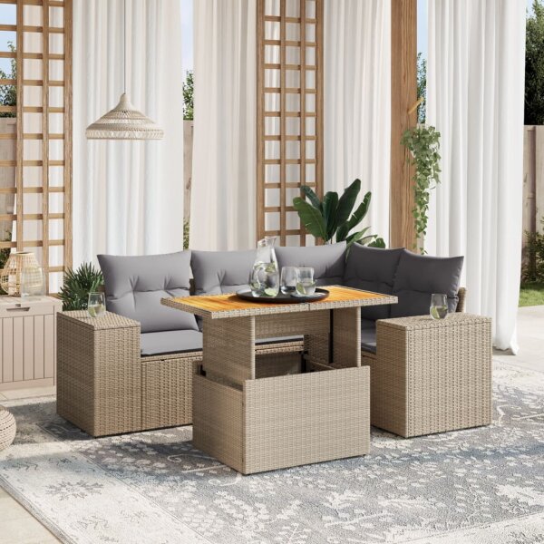 vidaXL 5-tlg. Garten-Sofagarnitur mit Kissen Beige Poly Rattan