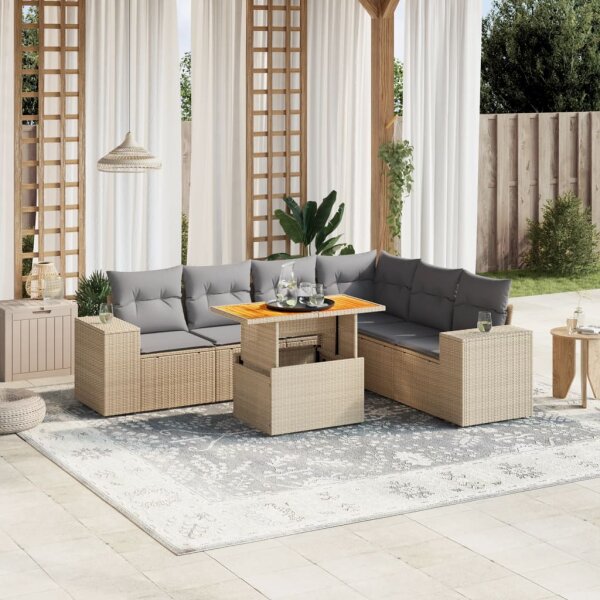 vidaXL 7-tlg. Garten-Sofagarnitur mit Kissen Beige Poly Rattan