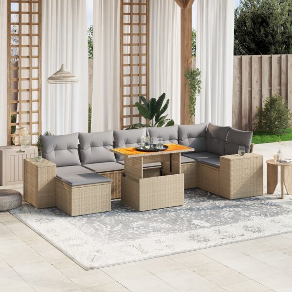 vidaXL 8-tlg. Garten-Sofagarnitur mit Kissen Beige Poly Rattan