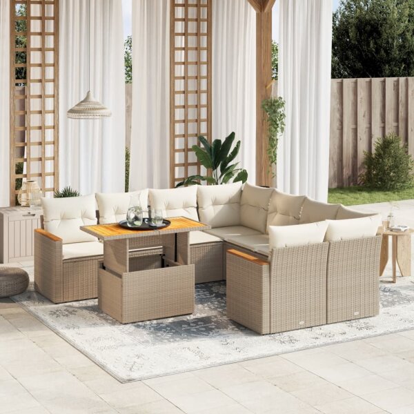 vidaXL 9-tlg. Garten-Sofagarnitur mit Kissen Beige Poly Rattan