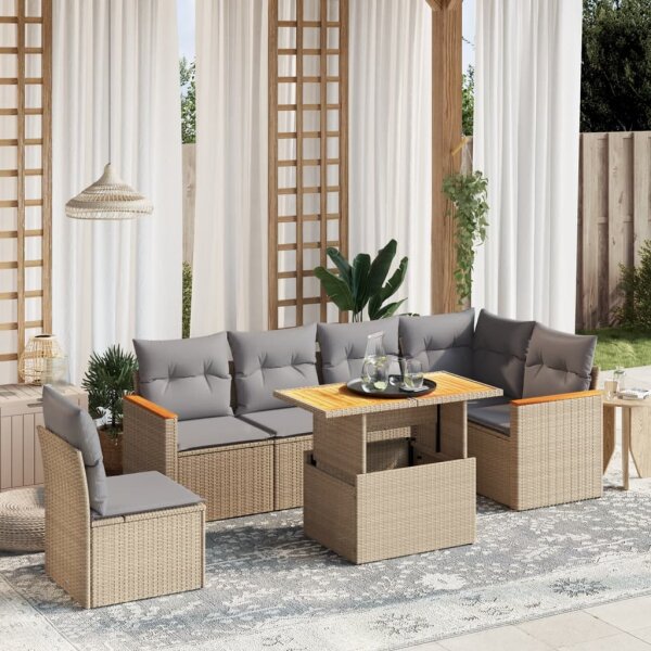 vidaXL 7-tlg. Garten-Sofagarnitur mit Kissen Beige Poly Rattan