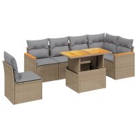 vidaXL 7-tlg. Garten-Sofagarnitur mit Kissen Beige Poly Rattan