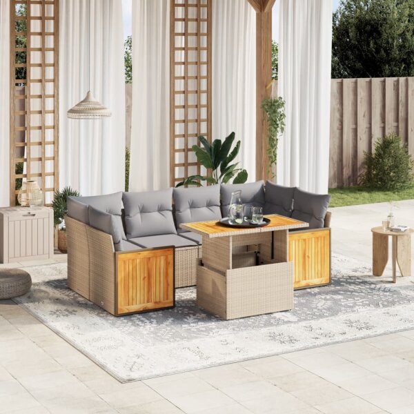 vidaXL 7-tlg. Garten-Sofagarnitur mit Kissen Beige Poly Rattan