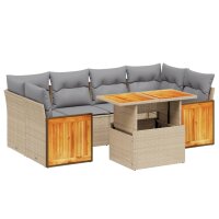 vidaXL 7-tlg. Garten-Sofagarnitur mit Kissen Beige Poly Rattan