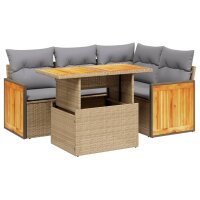 vidaXL 5-tlg. Garten-Sofagarnitur mit Kissen Beige Poly Rattan