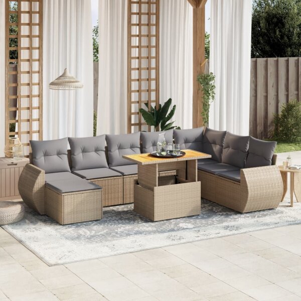 vidaXL 9-tlg. Garten-Sofagarnitur mit Kissen Beige Poly Rattan