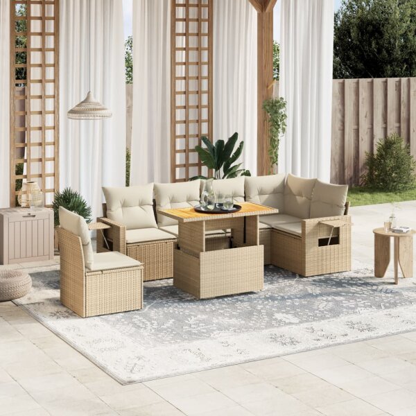 vidaXL 7-tlg. Garten-Sofagarnitur mit Kissen Beige Poly Rattan