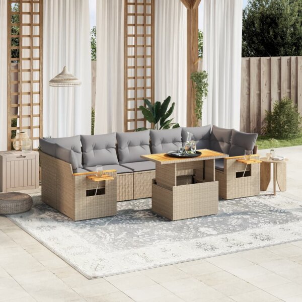 vidaXL 8-tlg. Garten-Sofagarnitur mit Kissen Beige Poly Rattan