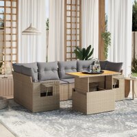 vidaXL 7-tlg. Garten-Sofagarnitur mit Kissen Beige Poly Rattan