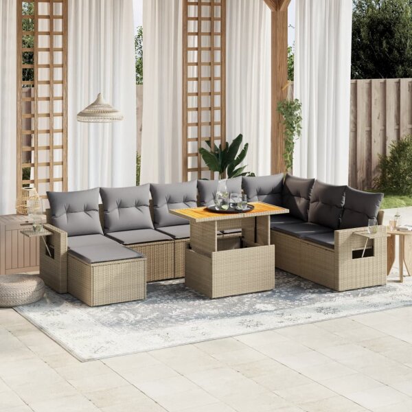 vidaXL 9-tlg. Garten-Sofagarnitur mit Kissen Beige Poly Rattan