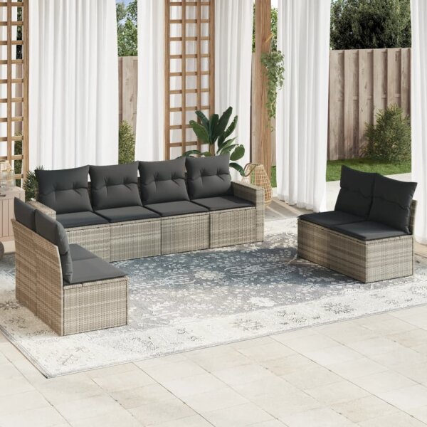 vidaXL 8-tlg. Garten-Sofagarnitur mit Kissen Hellgrau Poly Rattan