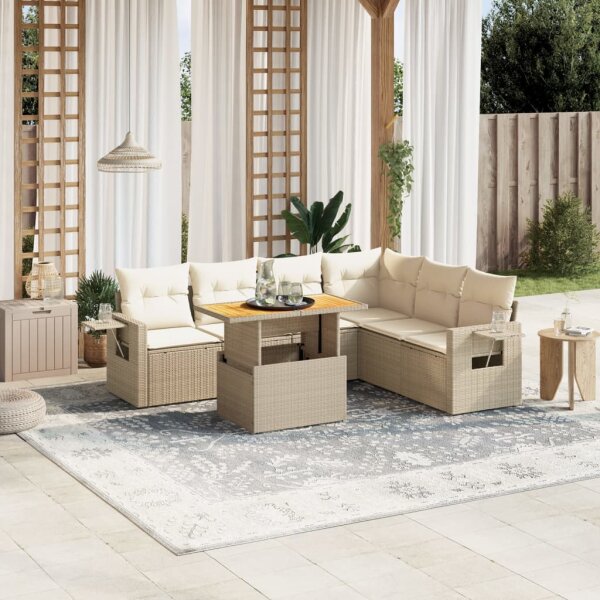 vidaXL 7-tlg. Garten-Sofagarnitur mit Kissen Beige Poly Rattan