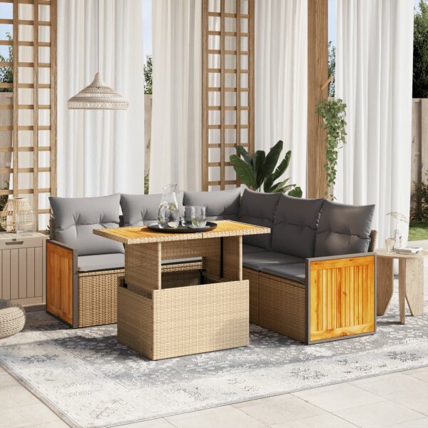 vidaXL 6-tlg. Garten-Sofagarnitur mit Kissen Beige Poly Rattan