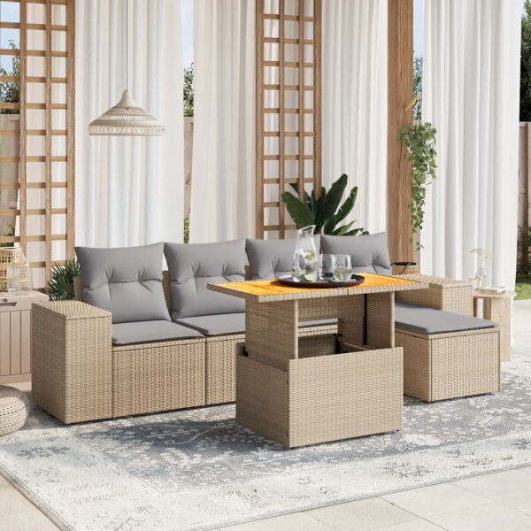 vidaXL 6-tlg. Garten-Sofagarnitur mit Kissen Beige Poly Rattan