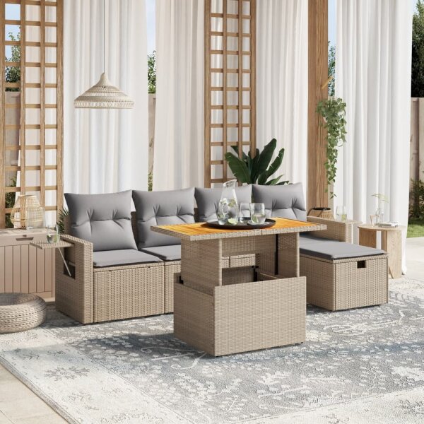 vidaXL 6-tlg. Garten-Sofagarnitur mit Kissen Beige Poly Rattan