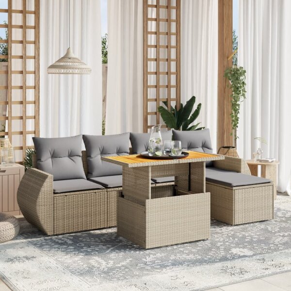 vidaXL 6-tlg. Garten-Sofagarnitur mit Kissen Beige Poly Rattan