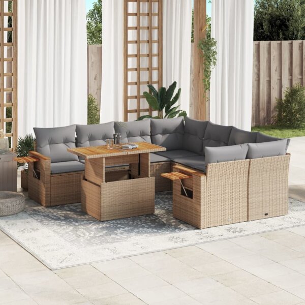 vidaXL 9-tlg. Garten-Sofagarnitur mit Kissen Beige Poly Rattan