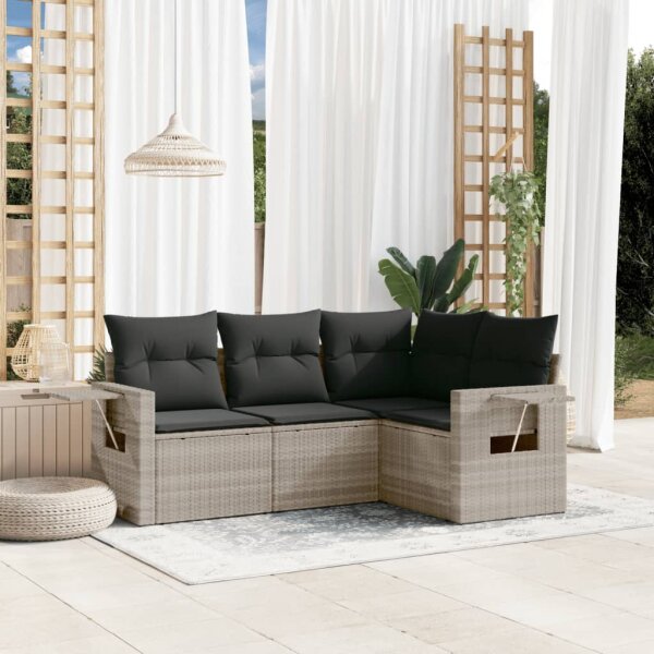 vidaXL 4-tlg. Garten-Sofagarnitur mit Kissen Hellgrau Poly Rattan