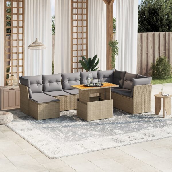 vidaXL 9-tlg. Garten-Sofagarnitur mit Kissen Beige Poly Rattan