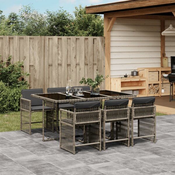 vidaXL 7-tlg. Garten-Essgruppe mit Kissen Grau Poly Rattan