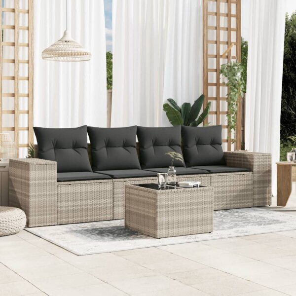 vidaXL 5-tlg. Garten-Sofagarnitur mit Kissen Hellgrau Poly Rattan