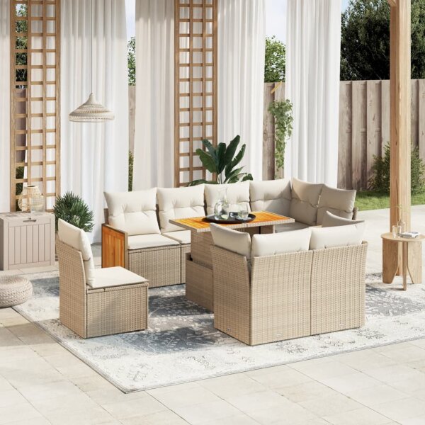 vidaXL 9-tlg. Garten-Sofagarnitur mit Kissen Beige Poly Rattan