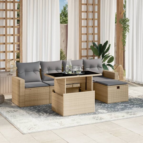 vidaXL 6-tlg. Garten-Sofagarnitur mit Kissen Beige Poly Rattan