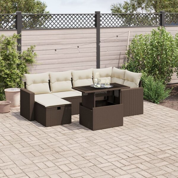 vidaXL 7-tlg. Garten-Sofagarnitur mit Kissen Braun Poly Rattan