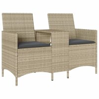 vidaXL Gartensofa 2-Sitzer mit Tisch und Kissen Hellgrau Poly Rattan