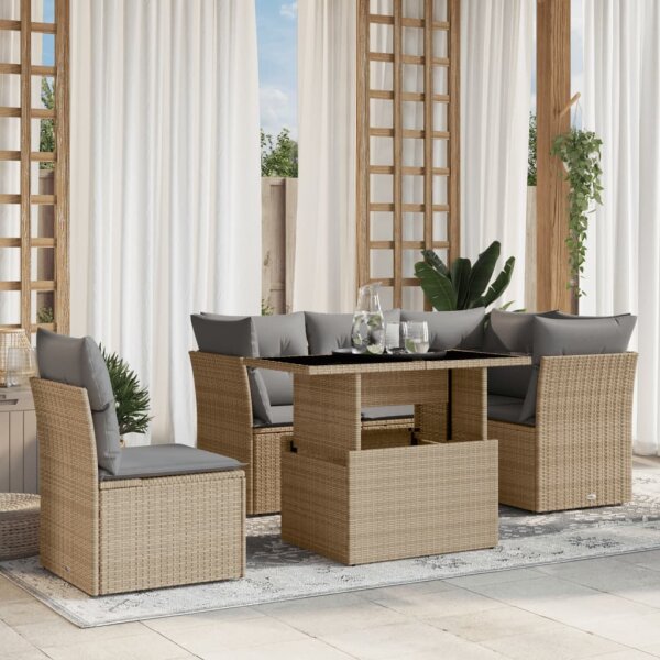 vidaXL 6-tlg. Garten-Sofagarnitur mit Kissen Beige Poly Rattan