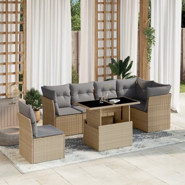 vidaXL 7-tlg. Garten-Sofagarnitur mit Kissen Beige Poly Rattan