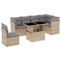 vidaXL 7-tlg. Garten-Sofagarnitur mit Kissen Beige Poly Rattan