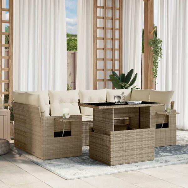 vidaXL 7-tlg. Garten-Sofagarnitur mit Kissen Beige Poly Rattan